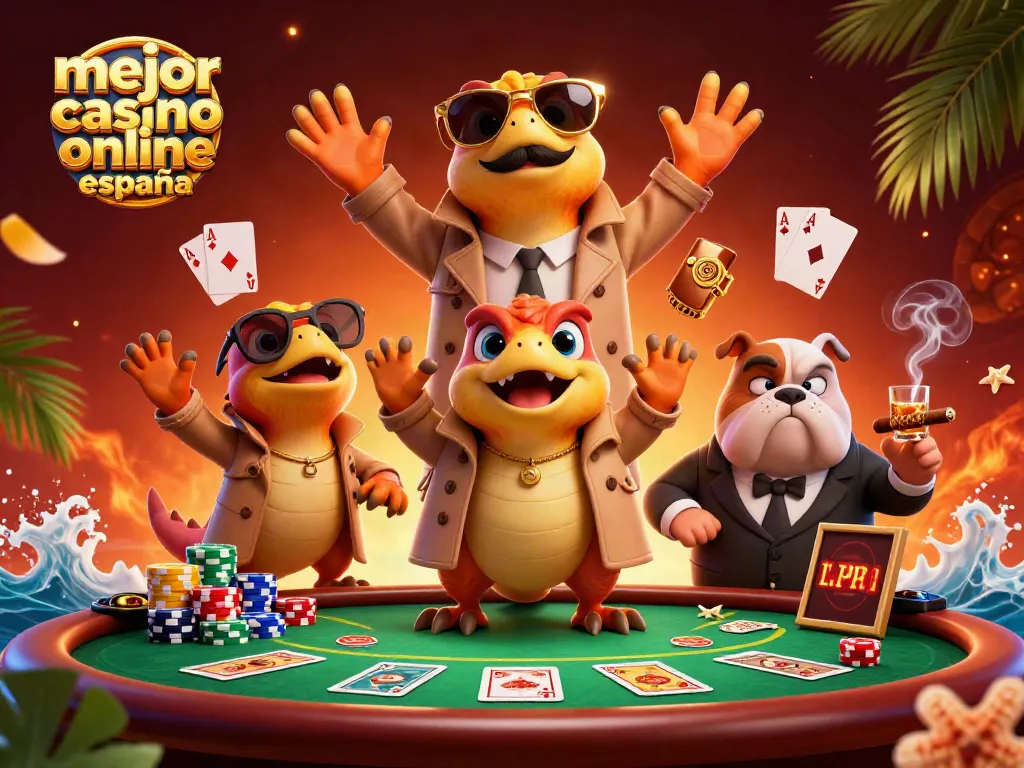 Los mejores casinos online en España: raptors caricaturescos intentando entrar a un lounge VIP con elementos de póker.