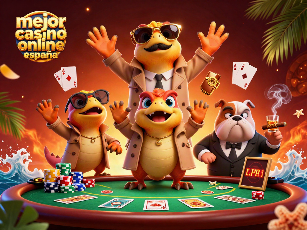 Los mejores casinos online en España: raptors caricaturescos intentando entrar a un lounge VIP con elementos de póker.