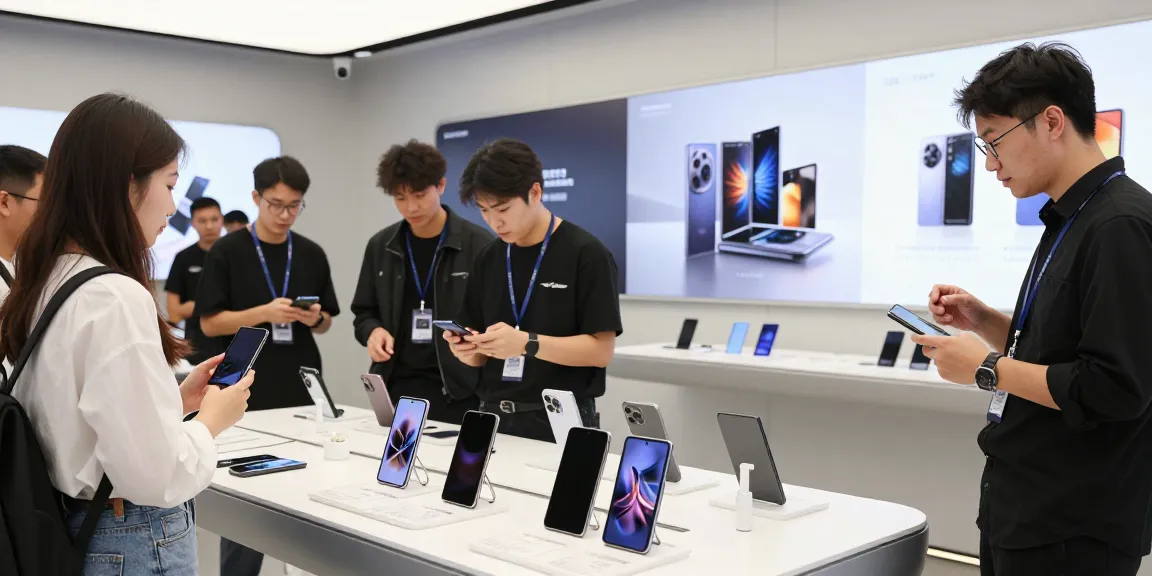 Engaging scene showcasing foldable phones 2026 with users examining unique features in a modern tech showroom.