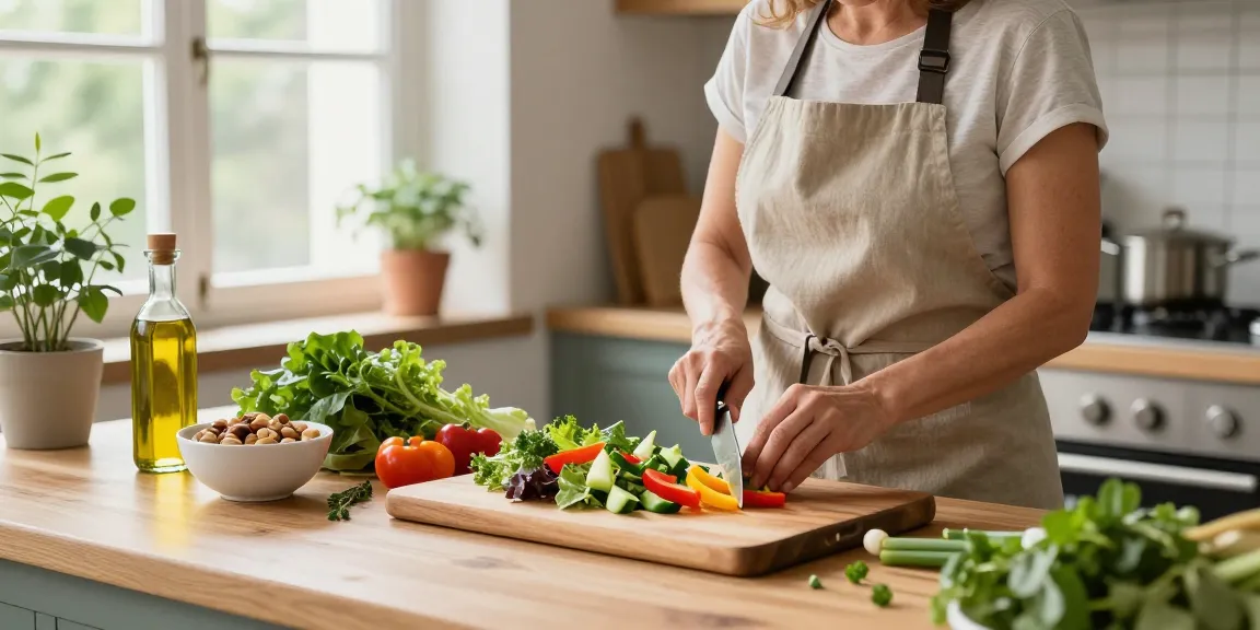 Delicious salad preparation in a bright kitchen, focusing on fresh ingredients and the warmth of healthy cooking, เว็บสล็อต แท้ 100 เปอร์เซ็นต์.