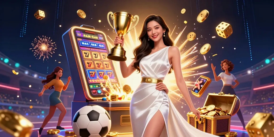 Experience thrilling wins at hitclub with a confident Asian woman showcasing her trophy amidst exciting casino elements.