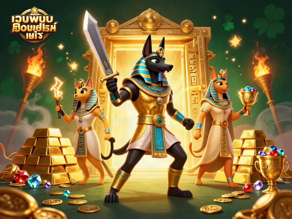 เล่นเกมใน เว็บพนันออนไลน์ แท้ โดยมีนักรบอนูบิสและเทพบาสตัสในฉาก