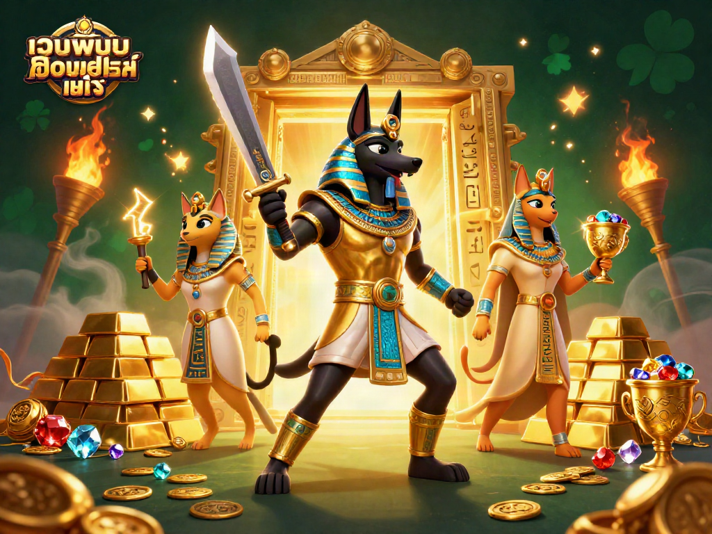 เล่นเกมใน เว็บพนันออนไลน์ แท้ โดยมีนักรบอนูบิสและเทพบาสตัสในฉาก