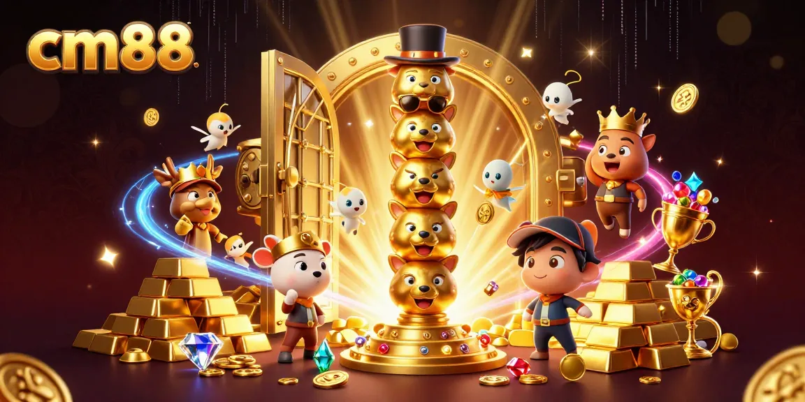 Engage with cm88's exciting casino experience surrounded by fortune symbols and vibrant characters.
