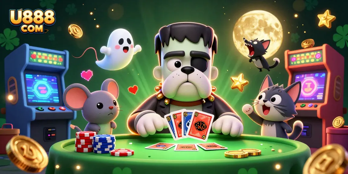 Deal cards at a spooky table with U888 COM, featuring unique casino characters and colorful gaming elements.