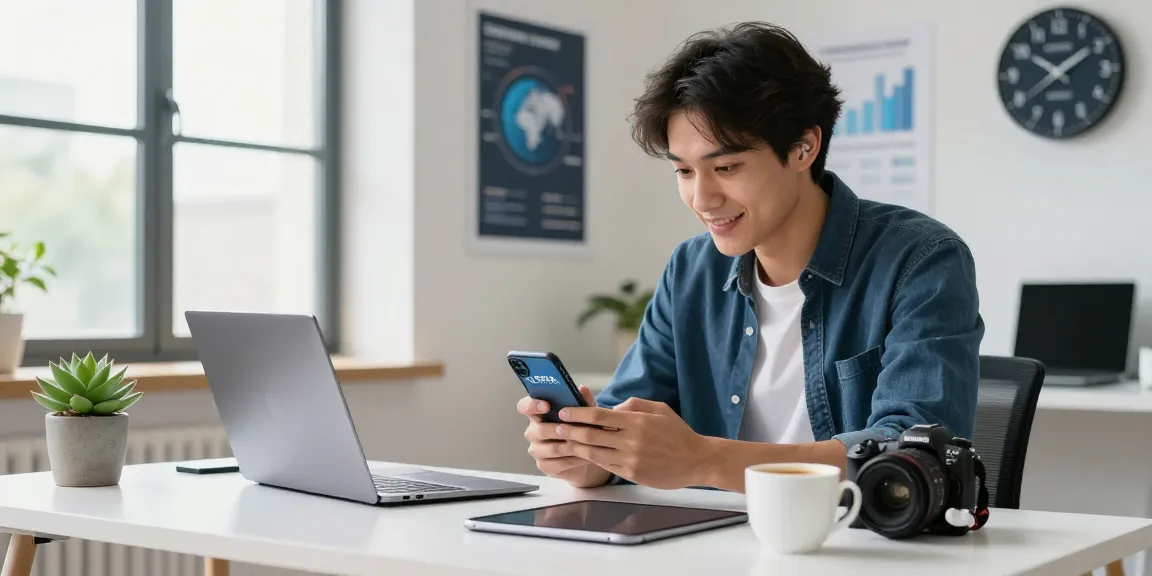 Young professional using 纸飞机中文版 app on smartphone in a bright workspace.