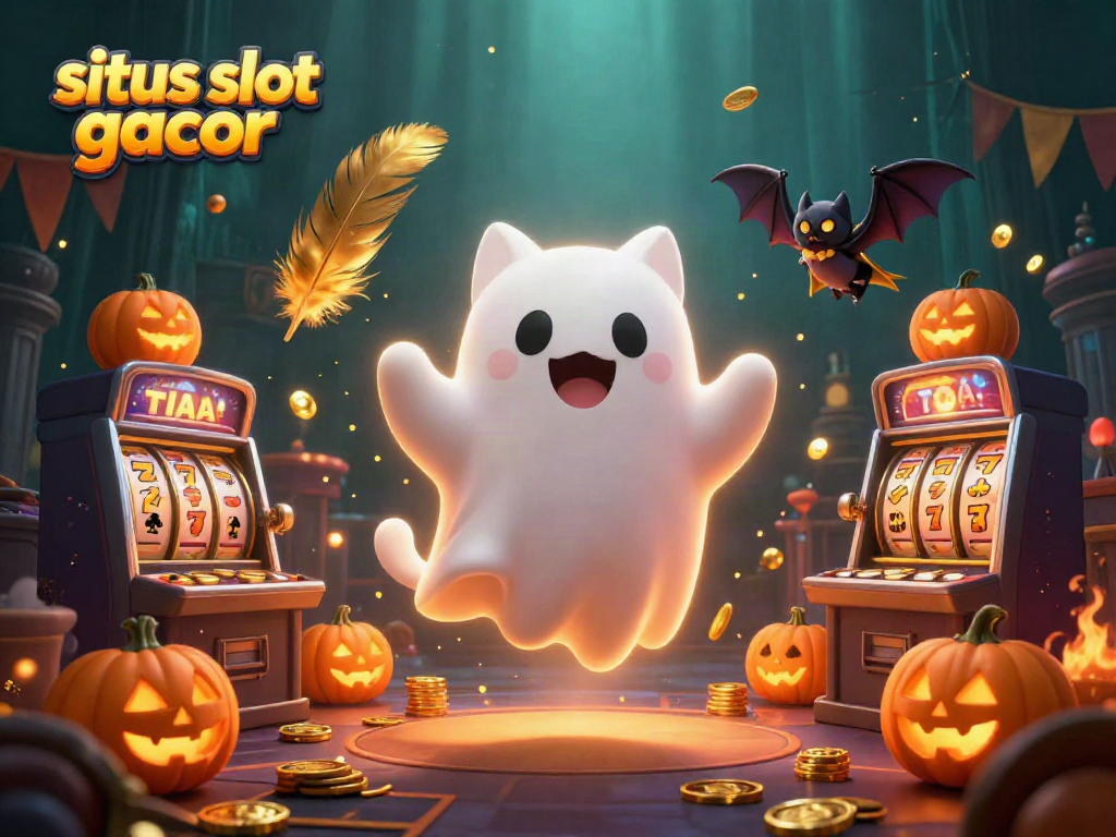 Experience thrills at situs slot gacor with a friendly ghost cat, vibrant slot machines, and a vampire bat.