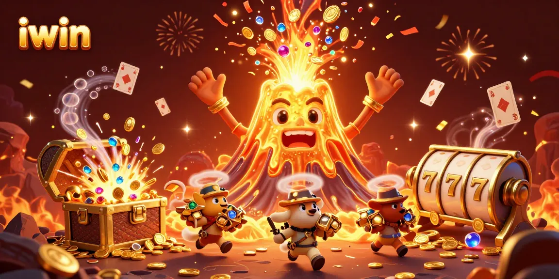 iwin games erupt with excitement and treasure, featuring golden volcano and slot reels.