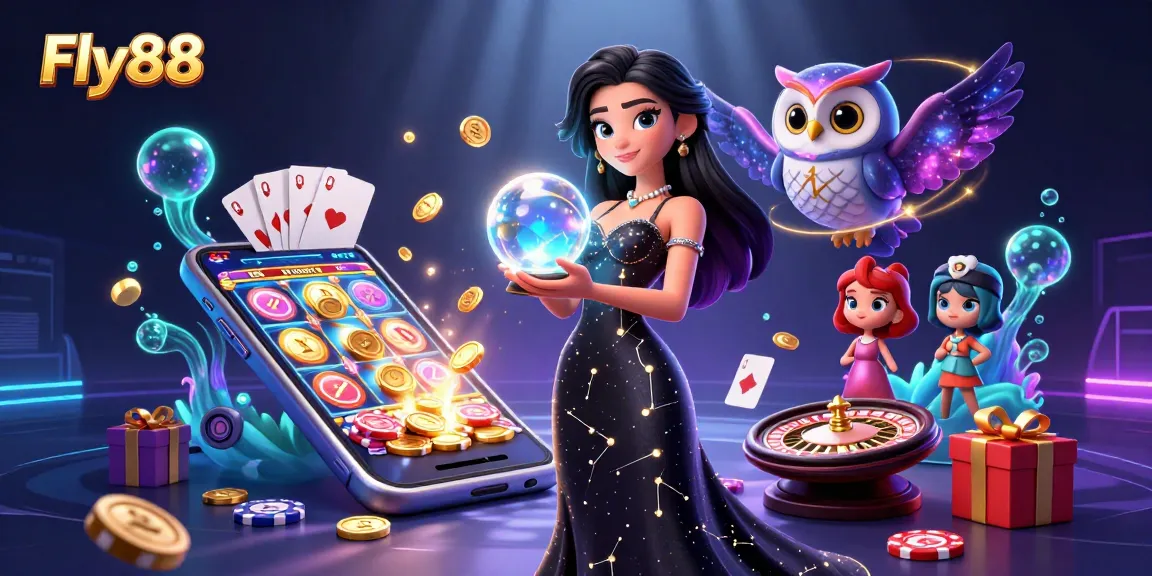Engage with Fly88's vibrant gaming scene featuring a mystical woman holding an orb and dynamic slot elements.