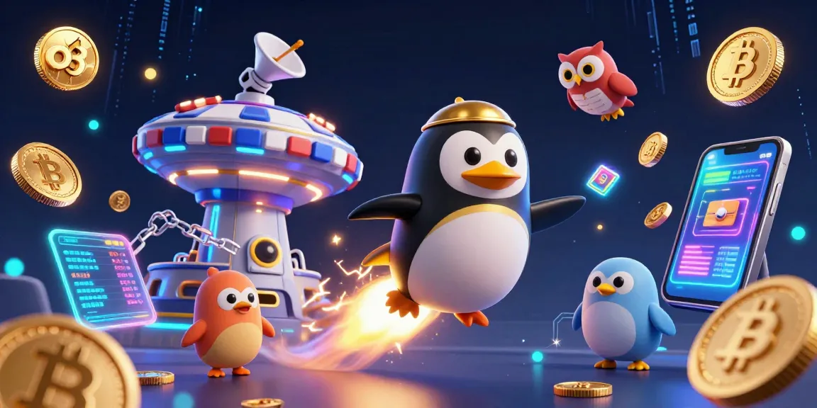 Experience the excitement of o 8 through a dynamic 3D casino scene featuring a golden penguin and celestial elements.