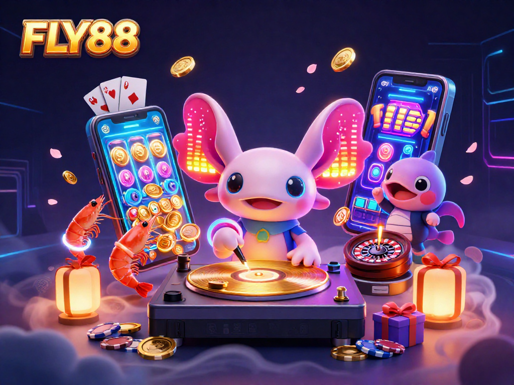 Experience FLY88's vibrant atmosphere with a neon-colored DJ and lively underwater characters.