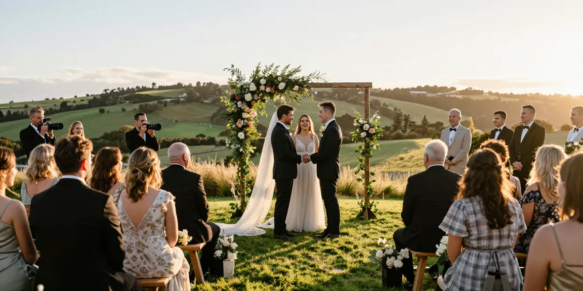 Dunedin wedding photographer capturing a couple exchanging vows outdoors during sunset.