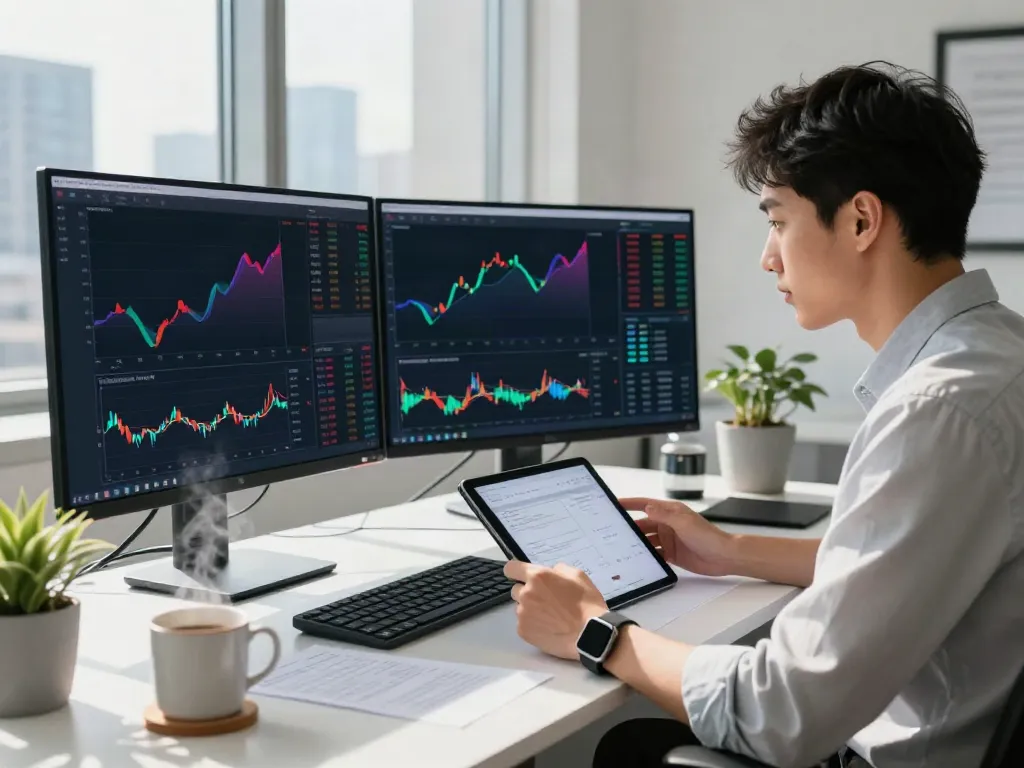 Trader using TradingView charts in a modern office workspace with multiple screens showing market data.