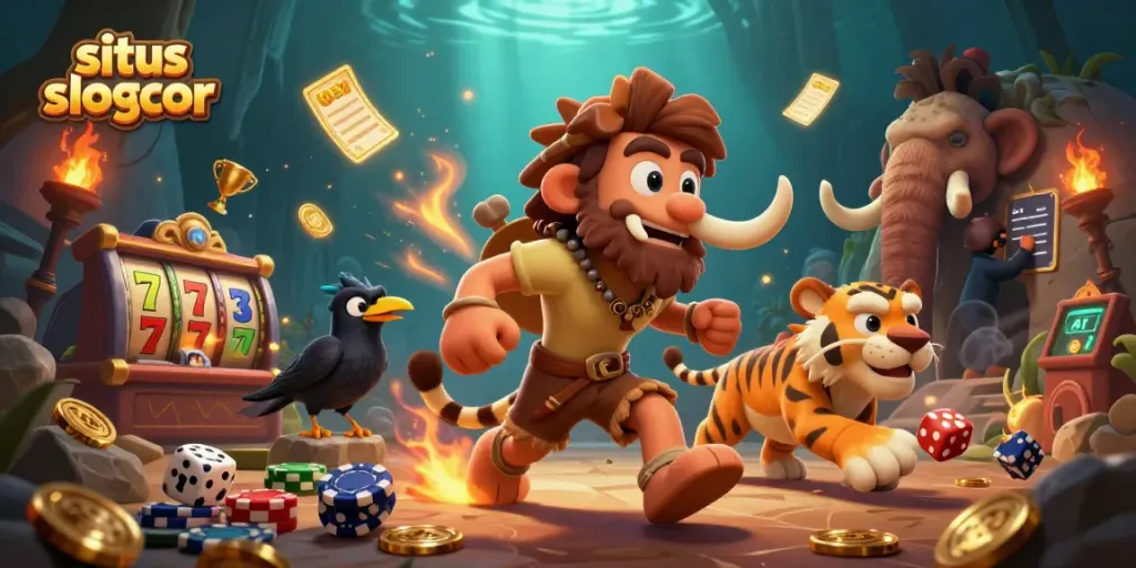 Experience the thrill at situs slot gacor with a vibrant casino scene featuring prehistoric characters.
