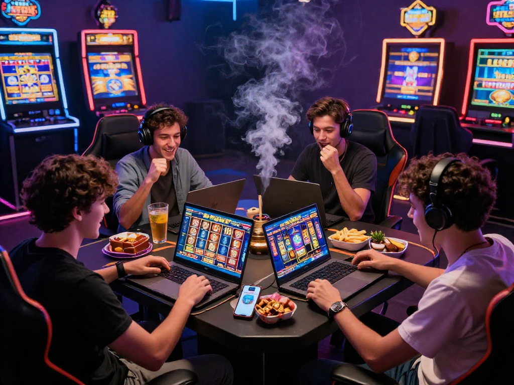 Friends playing judi slot online with excitement and snacks around a vibrant gaming table.