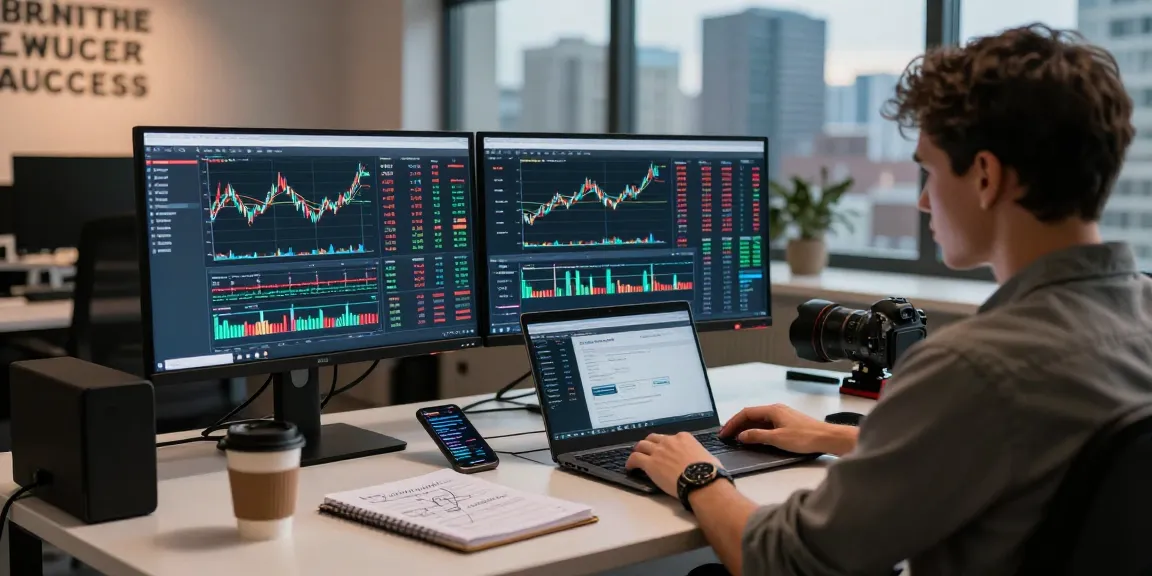 Developer analyzing forex real-time quote API in a modern workspace with multiple screens and trading tools.