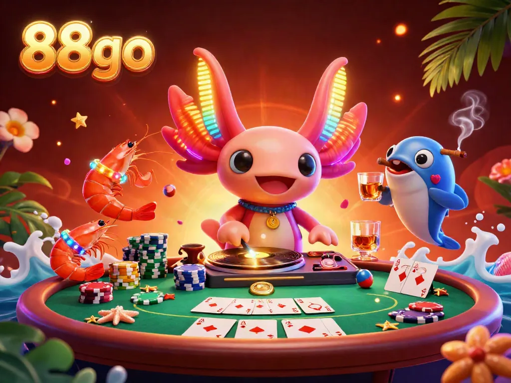 Engage in vibrant casino action with 88go as a neon axolotl DJ spins records amidst dynamic poker games and lively sea creatures.