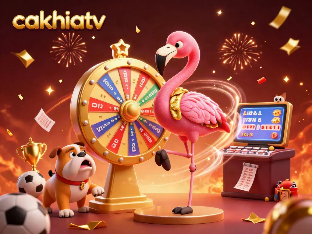 Cakhiatv engages sports bettors with vibrant 3D illustration of a flamingo host, bulldog contestant, and cat assistant amidst dynamic betting elements.