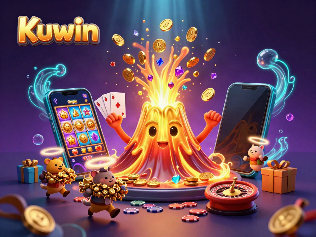 Kuwin showcases a golden volcano erupting with treasure amid casino elements in a vibrant scene.