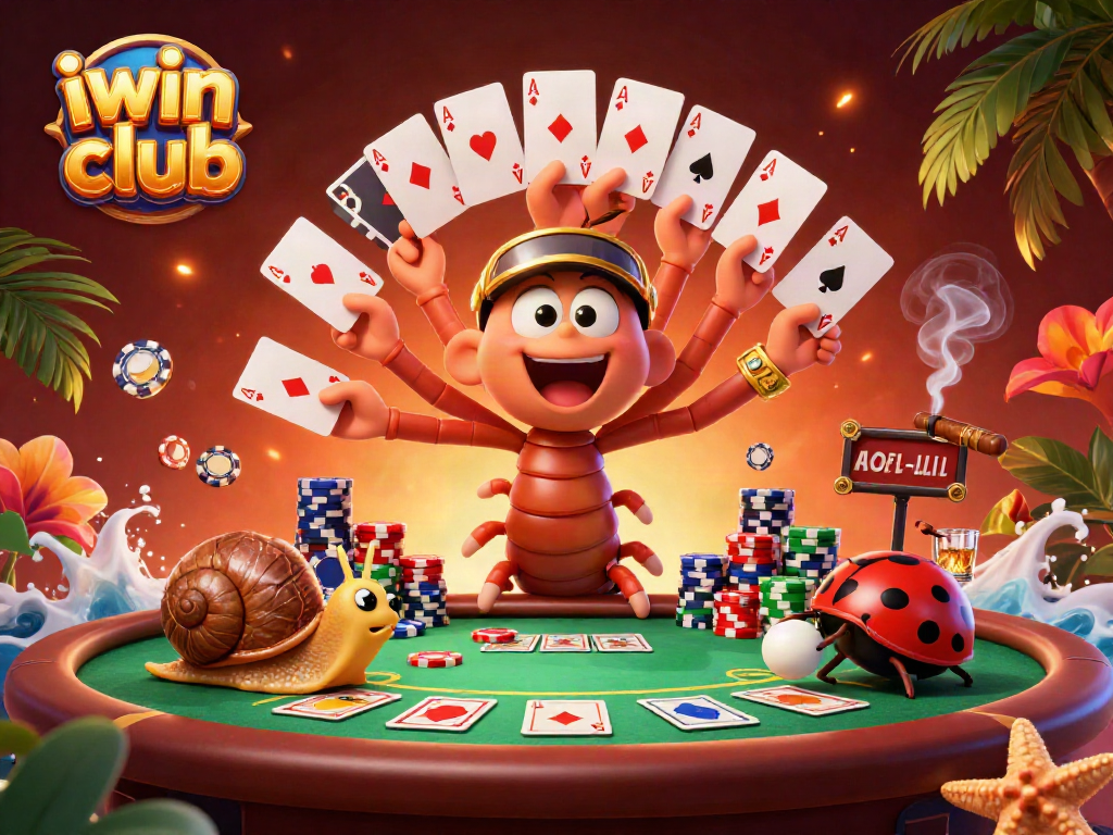 iwin club showcases a vibrant poker scene with 3D cartoon characters engaged in play.