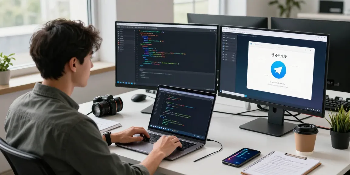 Programmer working on 纸飞机中文版 application, showcasing a modern tech workspace.