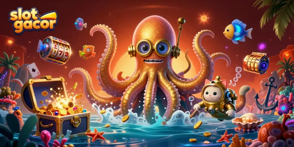 Experience the thrilling adventure of slot gacor with a fantastical kraken and diving cat in an underwater treasure scene.