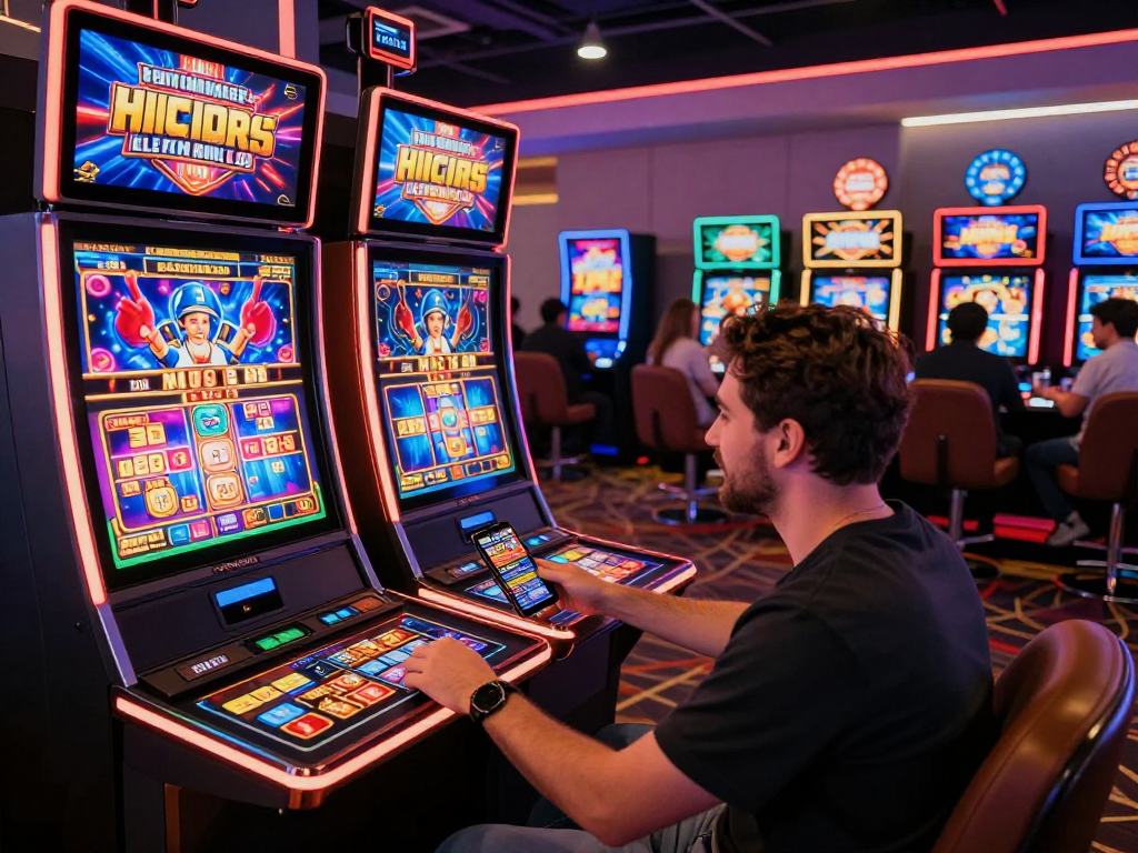 Engaging scene of online gaming at slot terpercaya with vibrant graphics and user enjoying slot machine action.