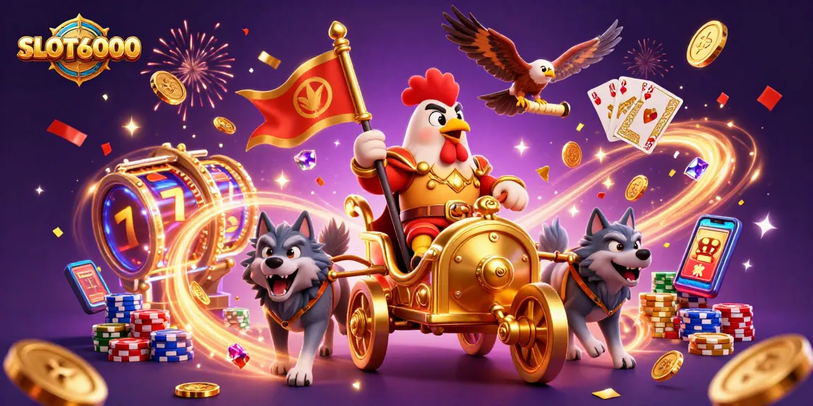 Experience SLOT6000 with a dynamic illustration of a rooster warlord amidst casino excitement.