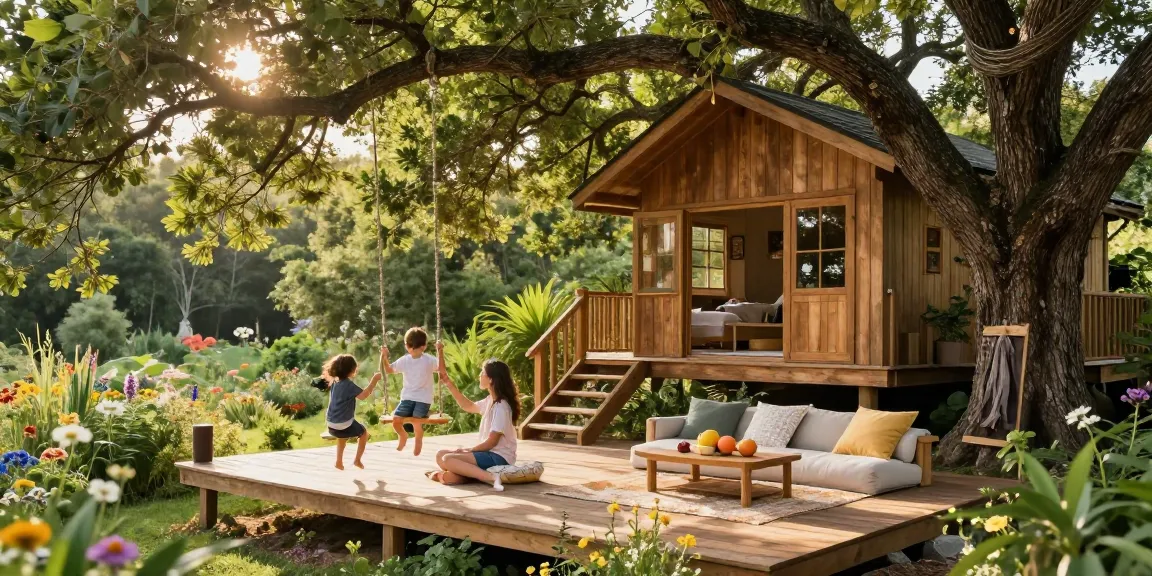 Family enjoying tree house life with picnic on deck surrounded by nature.