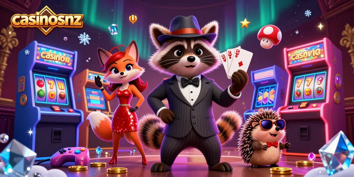 Experience casinosnz with 3D raccoon and fox in a vibrant gaming scene filled with slots and sparkling coins.