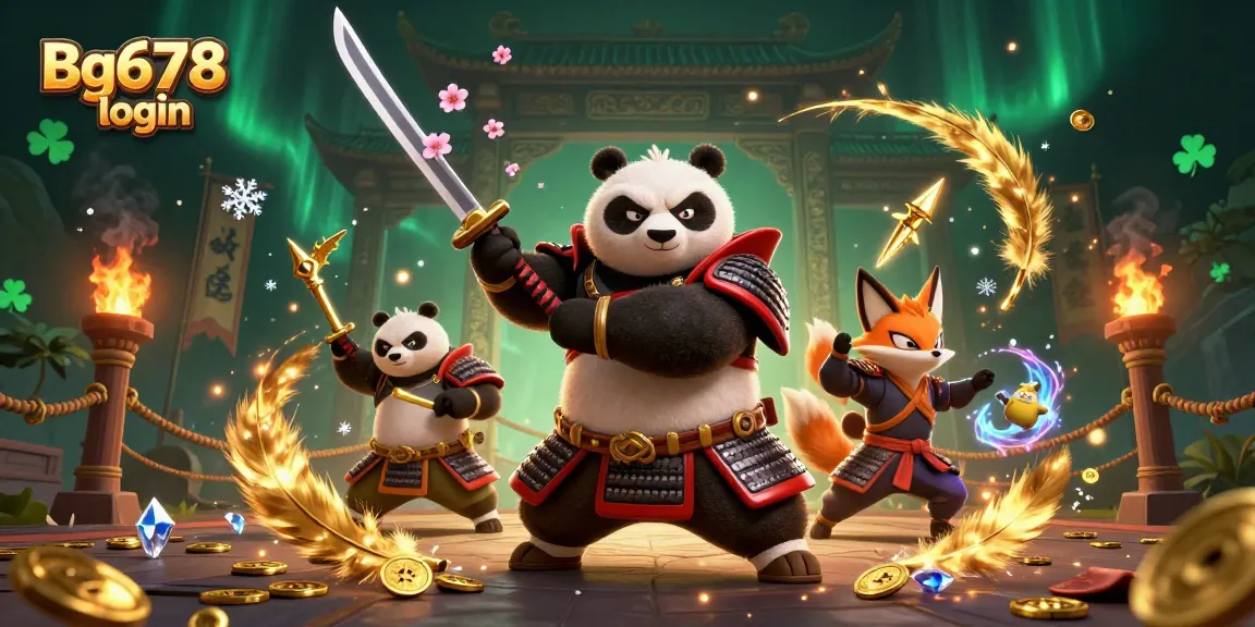 Action-packed scene representing Bg678 login with samurai panda and ninja fox in a casino arena.