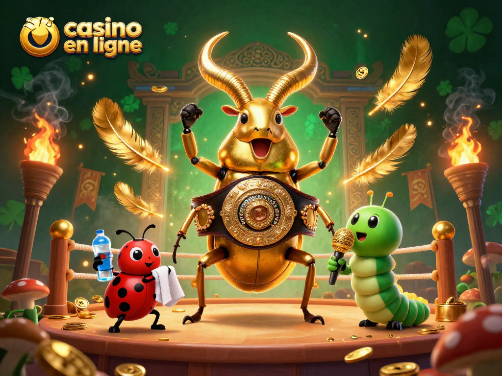 Jouez au casino en ligne avec une scène dynamique autour d'un scarabée doré et des pièces en or.