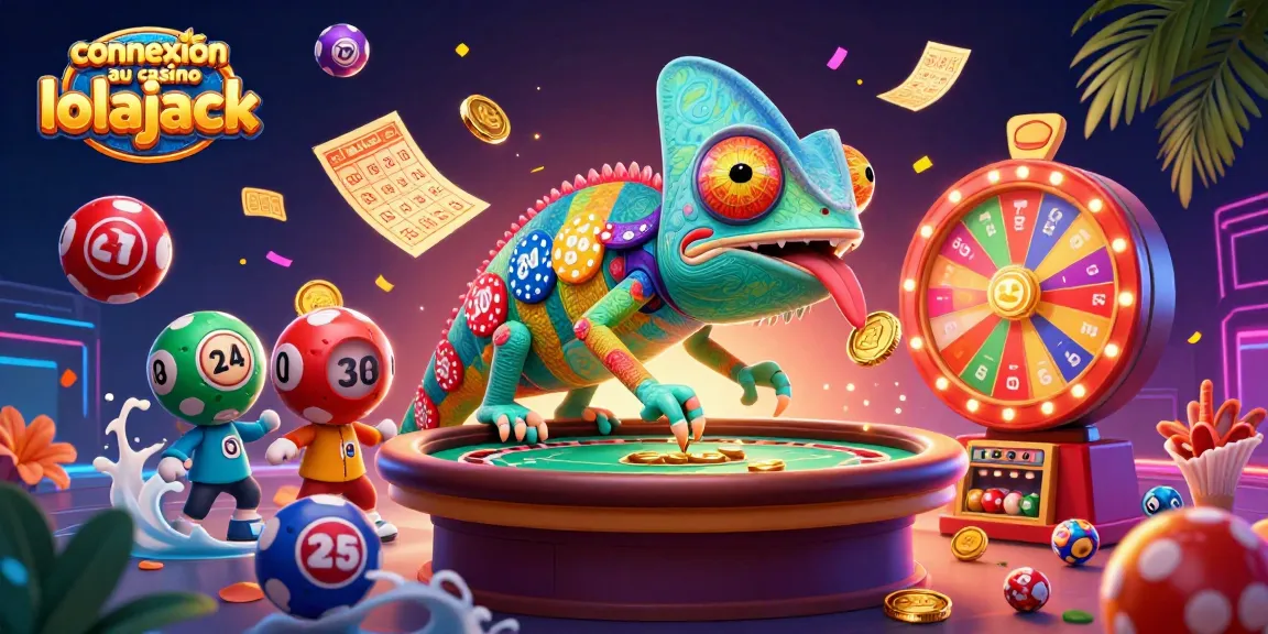 Experience the excitement at connexion au casino lolajack with vibrant 3D gaming elements and vibrant chameleon mascot.