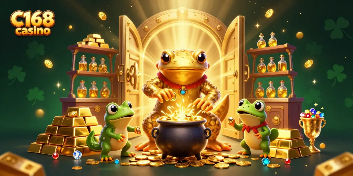 C168 casino showcases a vibrant 3D illustration of a golden salamander alchemist in a treasure-filled lab stirring liquid gold