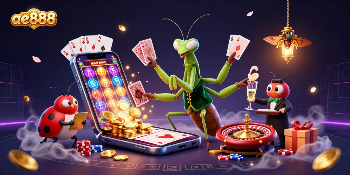 ae888 showcases a vibrant casino scene with a mantis card sharp and ladybug boss amidst dynamic slot action.