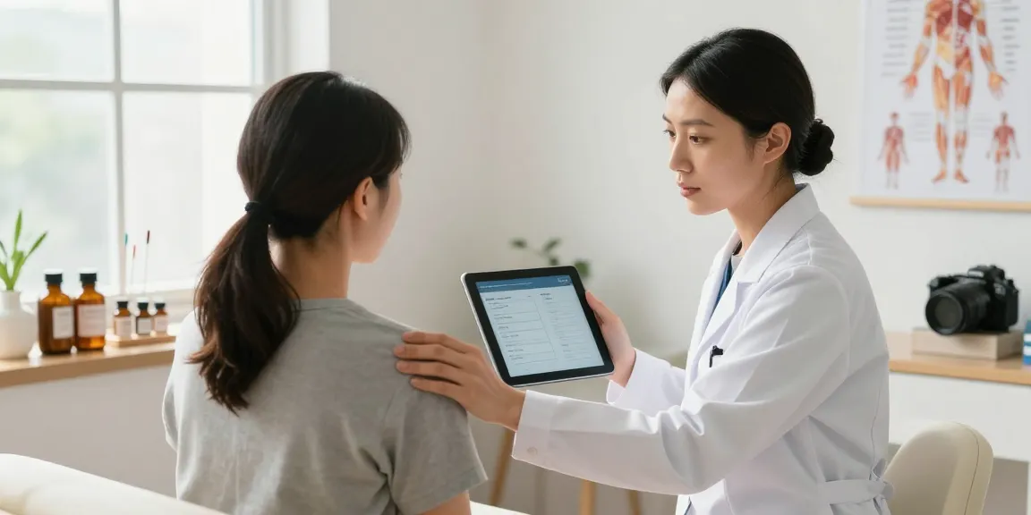 Dedicated practitioner consulting with a patient at 영통한의원 in a calming healthcare environment, focusing on pain management.
