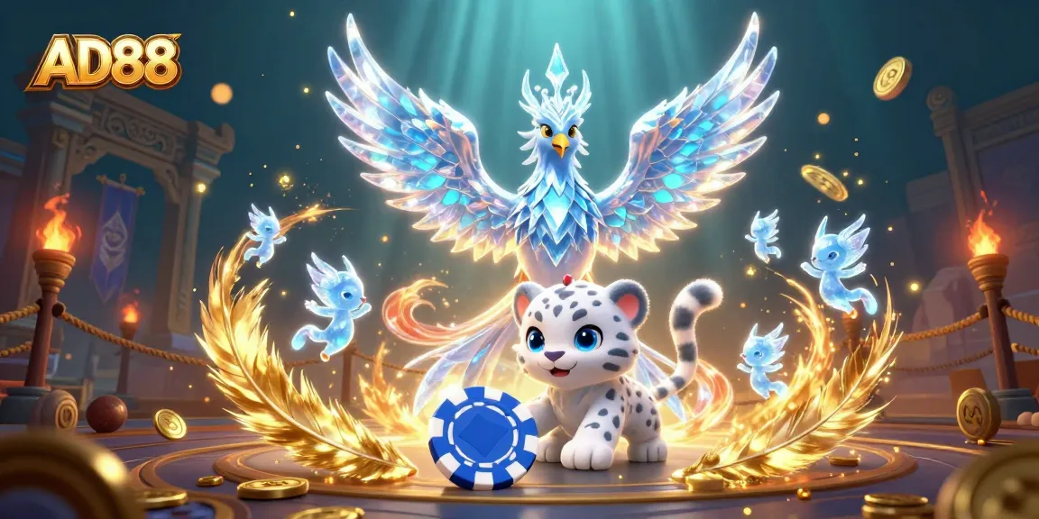 Experience thrilling gaming with AD88 featuring a dazzling ice phoenix and engaging poker action.