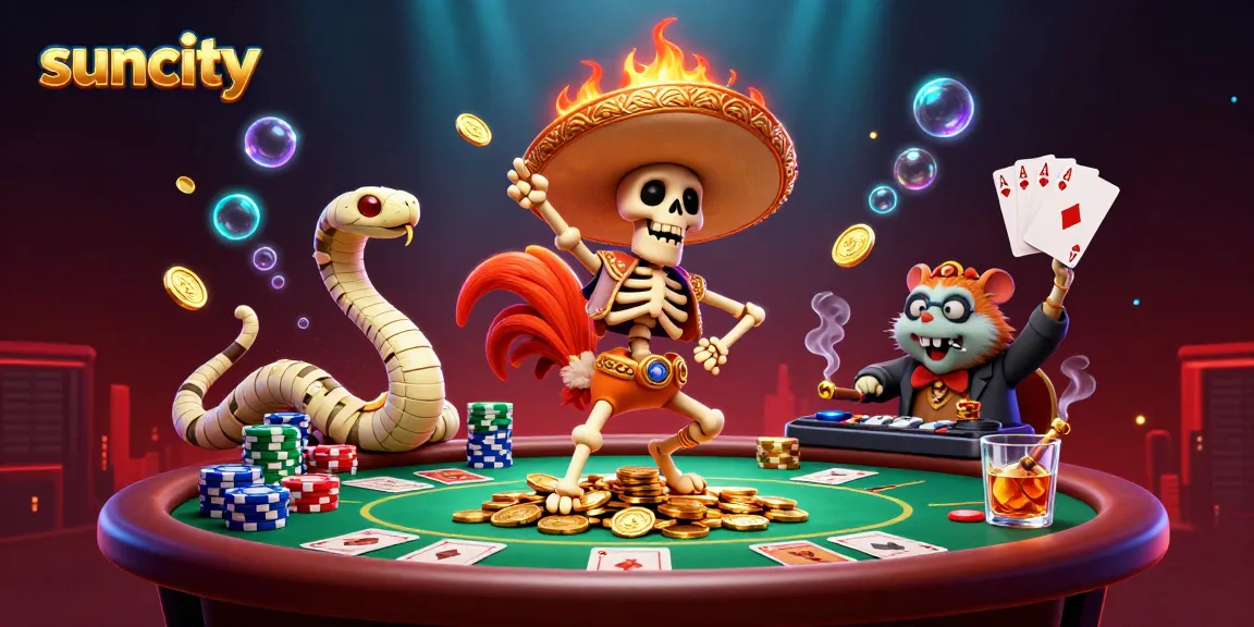 Engage in thrilling gambling with Suncity's vibrant casino scene featuring lively characters and games.