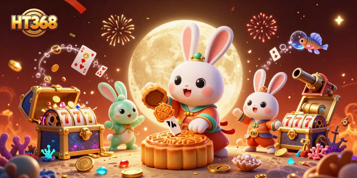 HT368 showcases a vibrant moon rabbit scene with slot elements and poker chips for an engaging casino illustration.