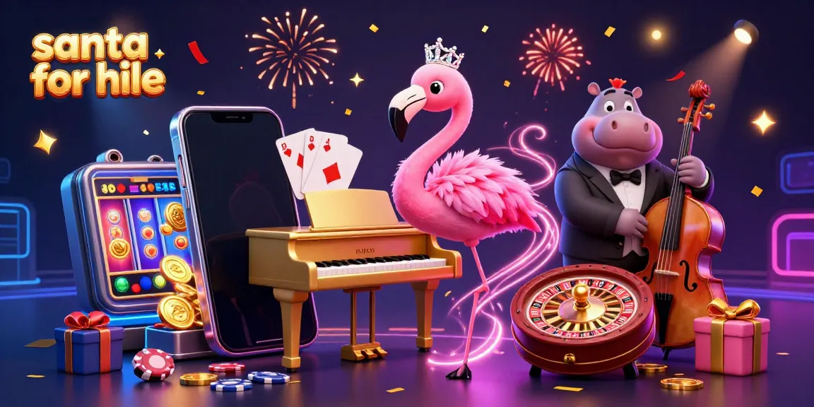 Experience festive excitement with a vibrant scene featuring Santa for hire amidst gambling-themed elements.