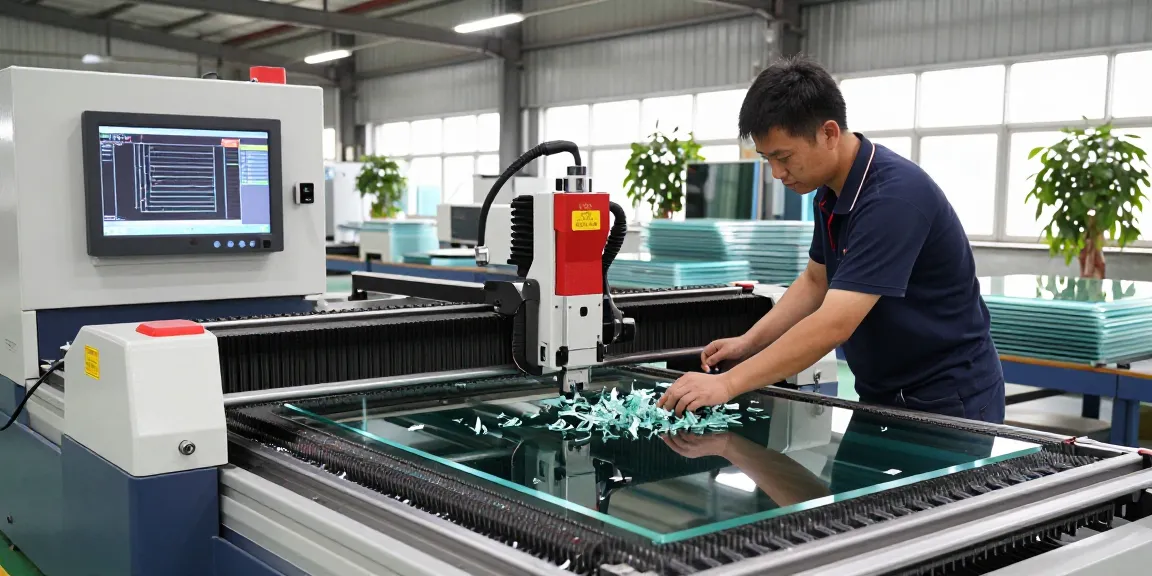 CNC glass cutting machine in action within a modern industrial workshop