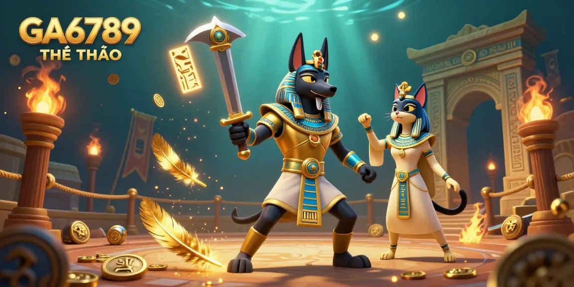 Experience sports betting excitement with GA6789 THỂ THAO alongside Anubis and Bastet in a vibrant 3D illustration.