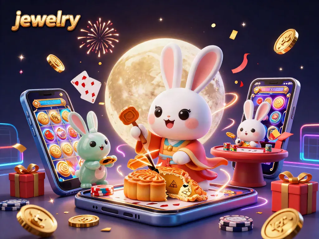 Jewelry-themed illustration featuring a moon rabbit character amid casino elements like poker chips and slot games.