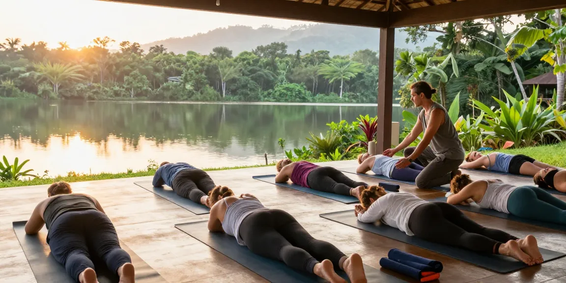 200 hour yoga teacher training sri lanka with diverse students practicing yoga at sunrise by Koggala Lake.