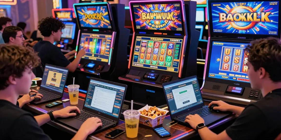 Excited players engaging with rokok88 slot login in a vibrant online gaming environment filled with neon lights and slot machine graphics.