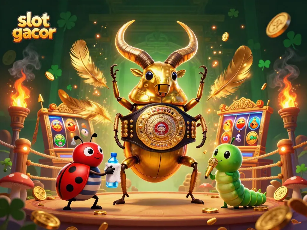 Engaging illustration of slot gacor featuring a golden stag beetle champion, highlighting gaming excitement.