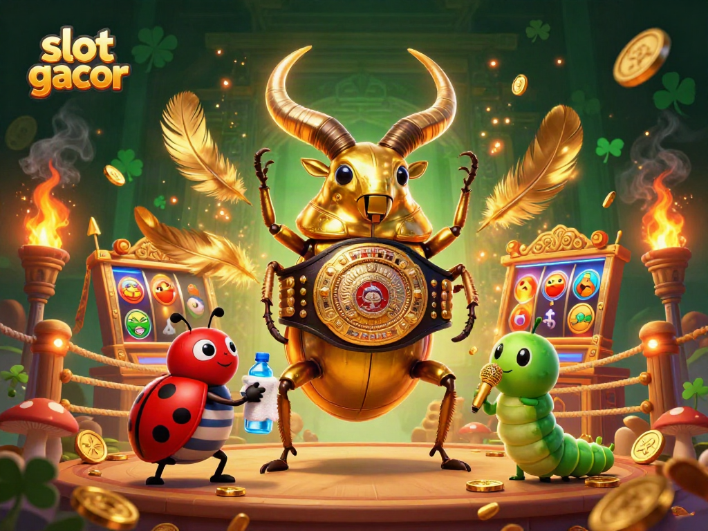 Engaging illustration of slot gacor featuring a golden stag beetle champion, highlighting gaming excitement.
