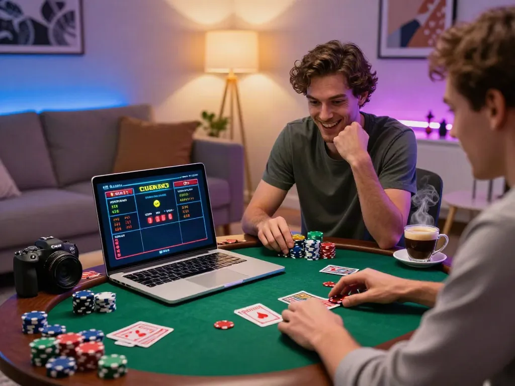 Person playing ahha4d online poker in a stylish living room.