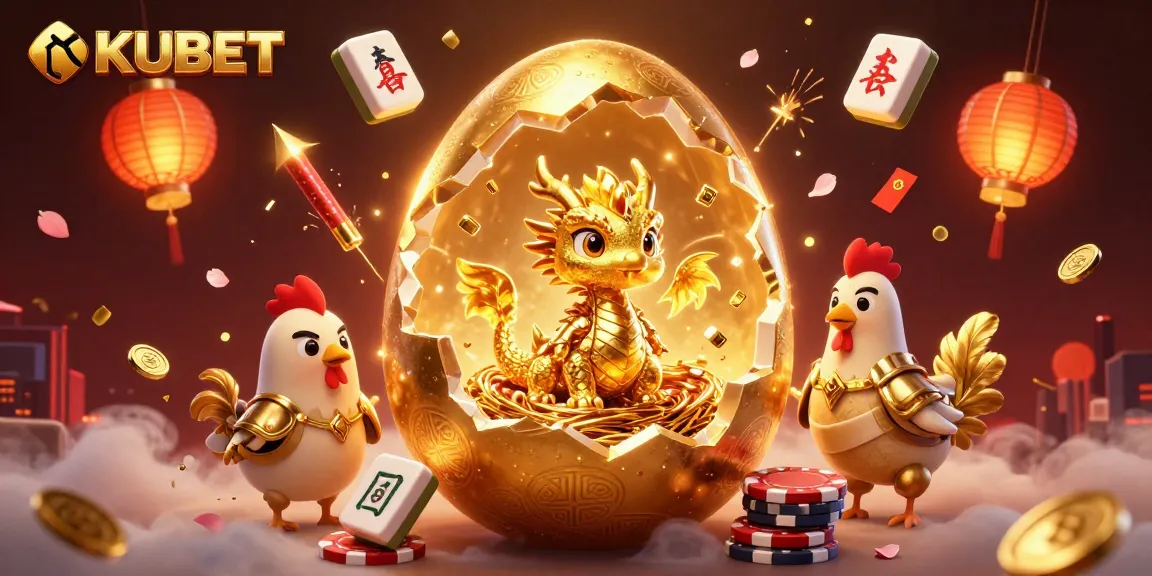KUBET showcases a thrilling golden dragon emerging from a poker chip nest in a vibrant casino scene.