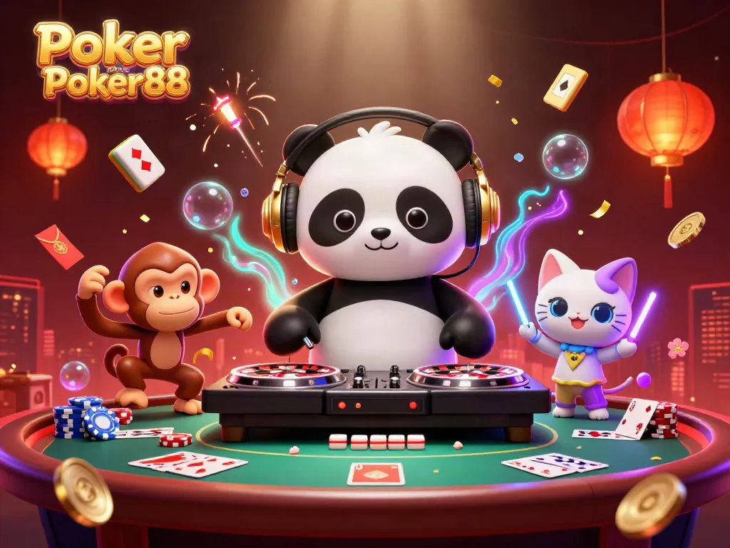 Join the excitement at Poker Online Poker88 with vibrant 3D characters in a festive casino scene.